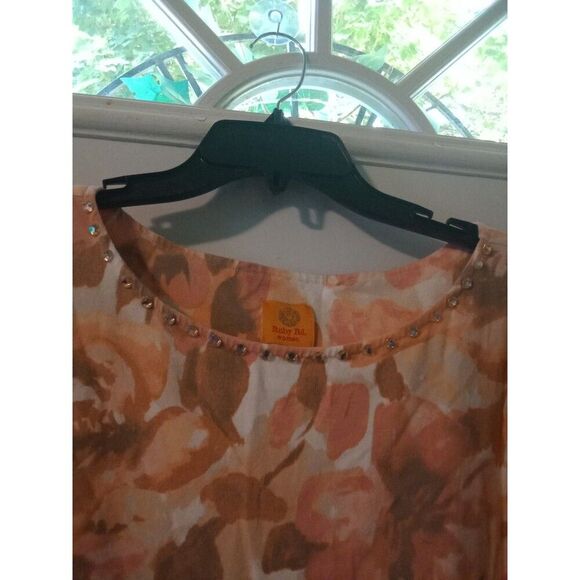 Floral Top 2X Ruby Rd Water Color Floral Pink Gem Beads Neckline Long Sleeve - Picture 4 of 6